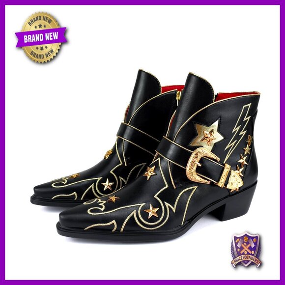 Women's Western Ankle Boots Pointed Toe Low Heel Star Embroidered